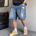Retro American plus Size Men's Denim Shorts Casual Distressed Straight Leg Loose Fit Five Point Pants up to 300 Lbs_mkmklike.com