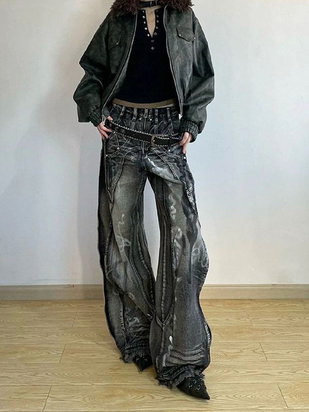 American Design Contrasting Color Patchwork Jeans For Men New High Street Vibe Cool Straight Leg Pants_mkmklike.com