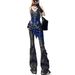 American Retro Cat-ear Frayed Hem Micro-flare Jeans For Women, New Autumn Style, Low-waisted, Slim-fit, Floor-length_mkmklike.com