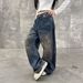 Unisex Retro High Street Distressed Denim Jeans With Patchwork Design, Baggy Straight Leg & Vintage Wash For Urban Streetwear_mkmklike.com