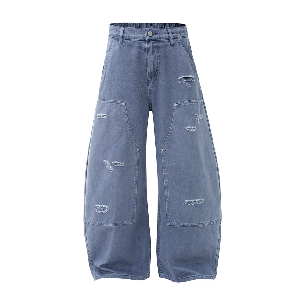 Loose Wide-Leg Distressed Knife Blade Workwear Long Pants Design Sense Versatile Washed Ripped Oversized Jeans For Men_mkmklike.com