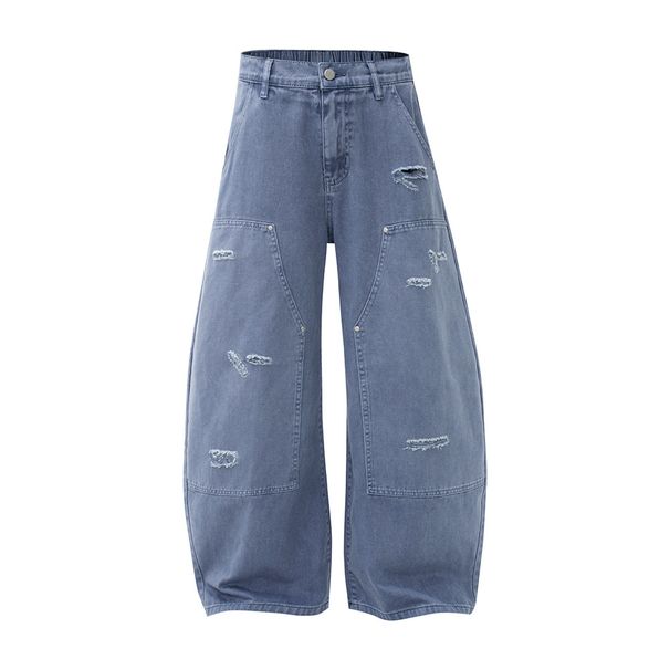 Loose Wide-Leg Distressed Knife Blade Workwear Long Pants Design Sense Versatile Washed Ripped Oversized Jeans For Men_mkmklike.com