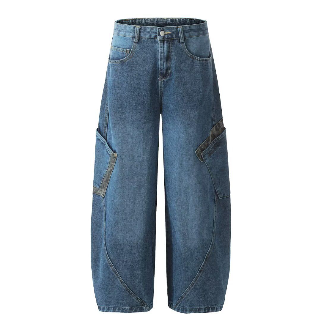 Retro High Street Curved Blade Jeans Men's Loose Wide Leg Pants Leopard Print Patchwork New Design American Style 2026_mkmklike.com