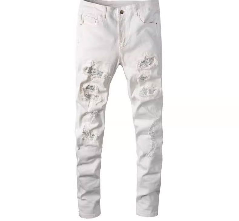 Men's Rhinestone Washed Distressed Patchwork Jeans High Street Style European And American AM Cross Border Fashion for Men_mkmklike.com
