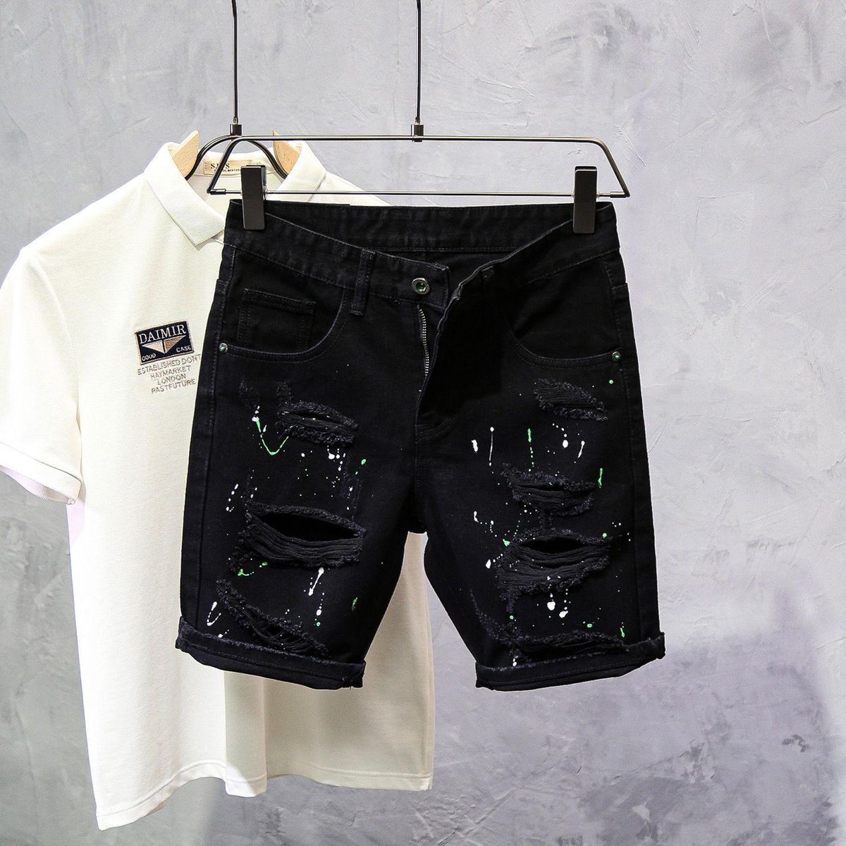 Men's Clothing Summer Thin Style Cat Whisker Ripped Personality Ink Splash Slim Fit Skinny Feet Cool Shorts_mkmklike.com
