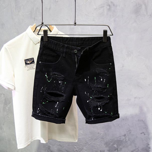 Men's Clothing Summer Thin Style Cat Whisker Ripped Personality Ink Splash Slim Fit Skinny Feet Cool Shorts_mkmklike.com