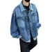 Unisex Trendy Faux Plaid Patchwork Denim Jacket Autumn American Style Two Piece Workwear Casual Streetwear Polyester Slight Stretch_mkmklike.com