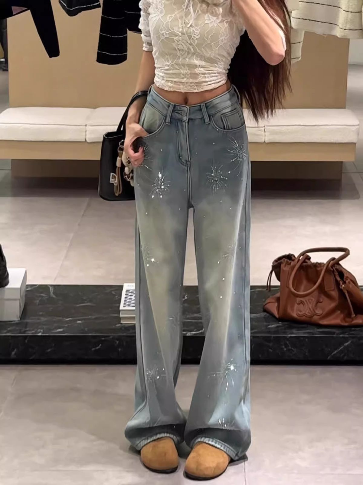 Women's Light Blue Flared Jeans With Firework Rhinestone Details – Fleece-Lined Winter Pants, High-Waisted Straight-Leg Denim For A Slimming Look_mkmklike.com