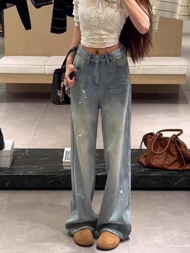 Women's Light Blue Flared Jeans With Firework Rhinestone Details – Fleece-Lined Winter Pants, High-Waisted Straight-Leg Denim For A Slimming Look_mkmklike.com