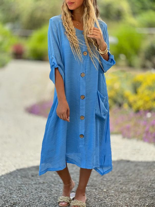 women's clothing new casual loose cotton and linen pocket 7-point sleeve button long skirt dress for women_mkmklike.com