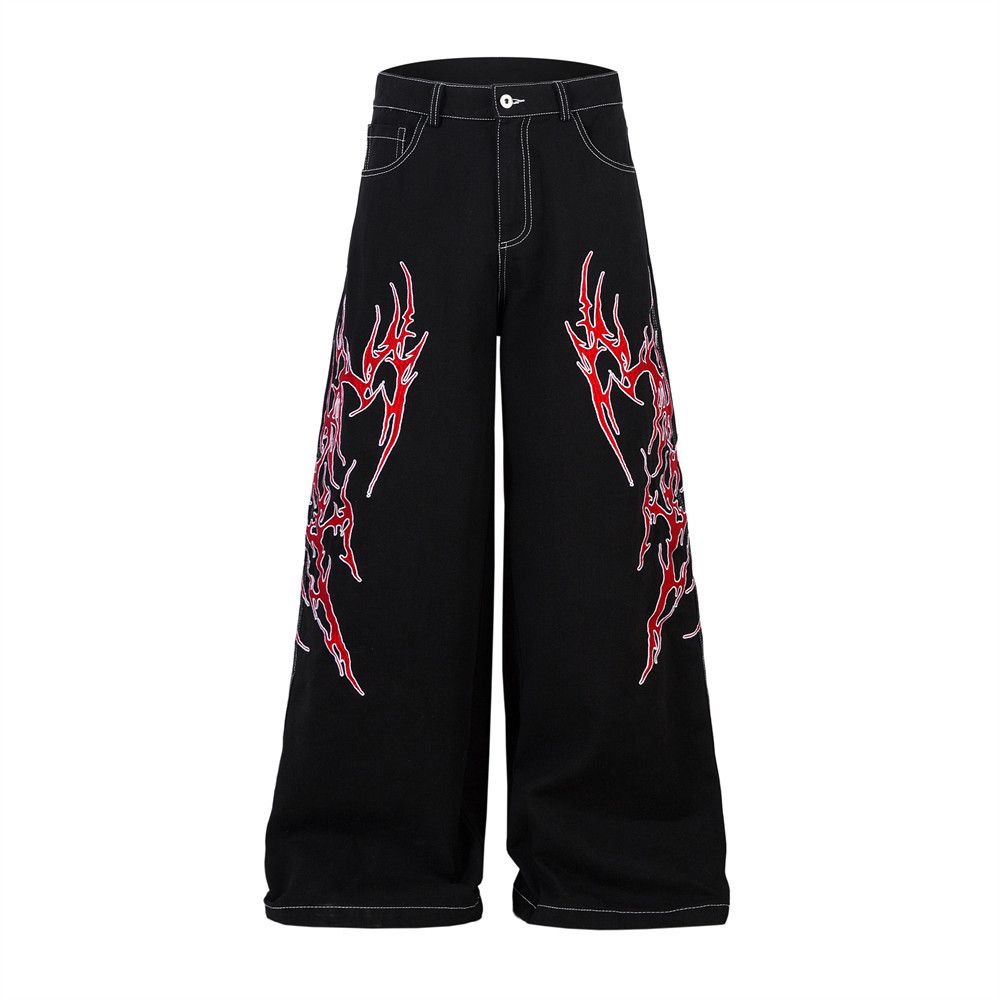 Design Sense Thorn Embroidery Pattern Wide-Leg Denim Men's Niche Hip-Hop Trend Large Flare Loose Floor-Length Pants_mkmklike.com