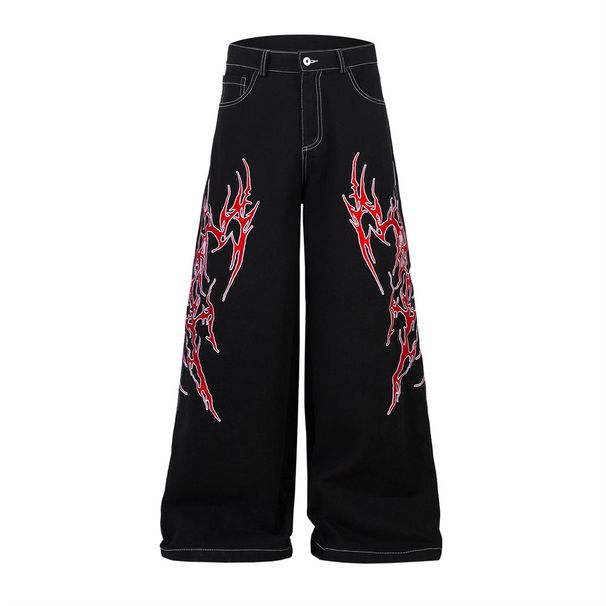 Design Sense Thorn Embroidery Pattern Wide-Leg Denim Men's Niche Hip-Hop Trend Large Flare Loose Floor-Length Pants_mkmklike.com