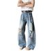Unisex Vintage High Street Distressed Denim Pants Relaxed Fit Slight Flare Clean Aesthetic Artisan Washed Blue Jeans Men's Clothing_mkmklike.com