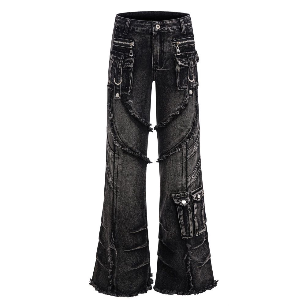 Punk Heavy Washed Vintage Denim Flared Vibe Style Niche Deconstructed Patchwork Frayed Design Long Pants For Men_mkmklike.com