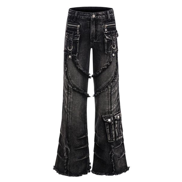 Punk Heavy Washed Vintage Denim Flared Vibe Style Niche Deconstructed Patchwork Frayed Design Long Pants For Men_mkmklike.com