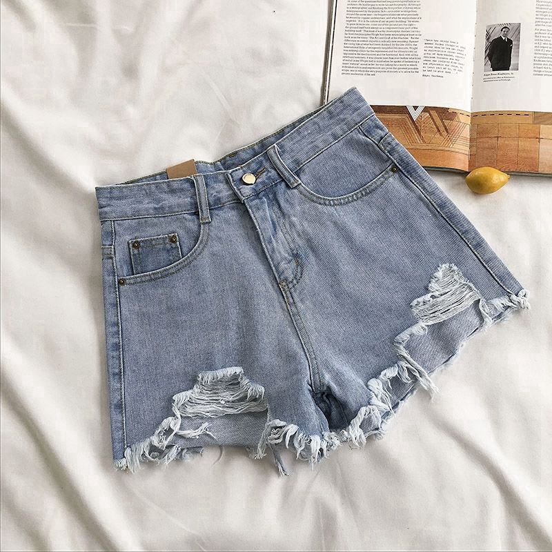 Ripped Denim Shorts for Female Students Spring/Summer New Style Versatile Slimming Wide Leg Frayed Hem A-Line Hot Pants Trendy on Instagram_mkmklike.com