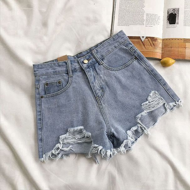 Ripped Denim Shorts for Female Students Spring/Summer New Style Versatile Slimming Wide Leg Frayed Hem A-Line Hot Pants Trendy on Instagram_mkmklike.com