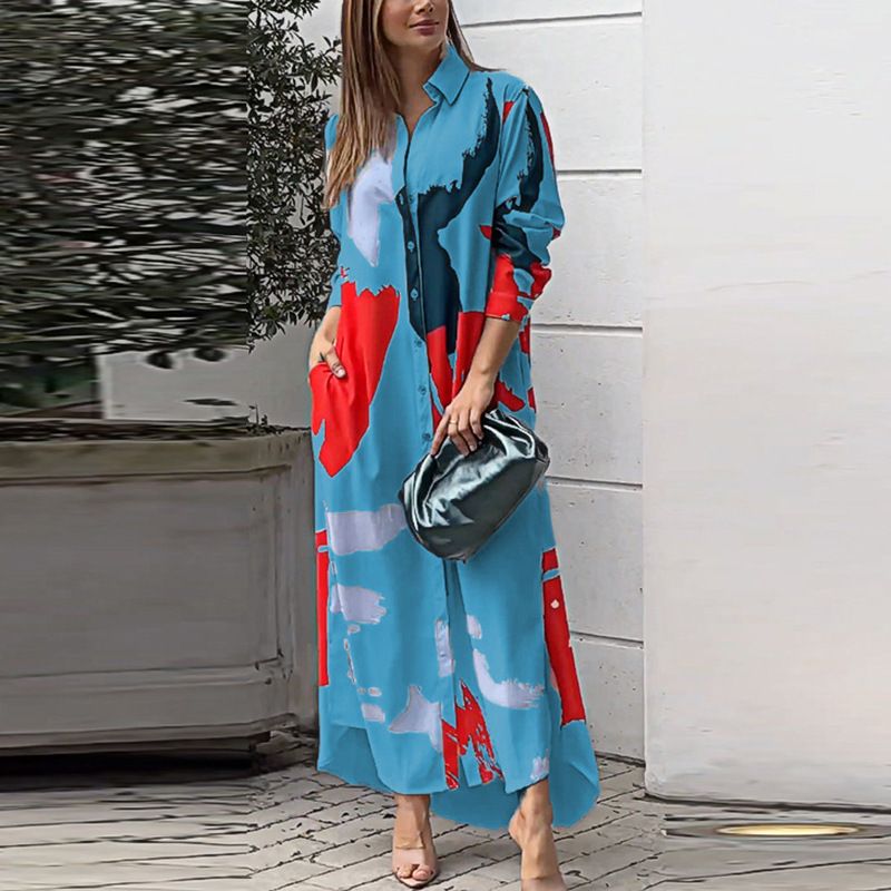 Women's Clothing Fashion Casual Printing Loose Split Long Shirt Shirt Dress_mkmklike.com