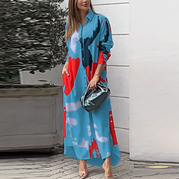Women's Clothing Fashion Casual Printing Loose Split Long Shirt Shirt Dress_mkmklike.com