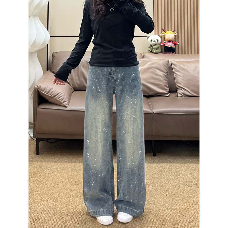 Rhinestone-Embellished High-Waisted Wide-Leg Jeans For Women – Vintage Blue, Flowy & Floor-Length Styling For Effortless Elegance_mkmklike.com