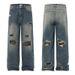 Men's Clothing Retro Distressed Patchwork Ripped Camouflage Jeans Loose Street Trend Washed Straight Trousers_mkmklike.com