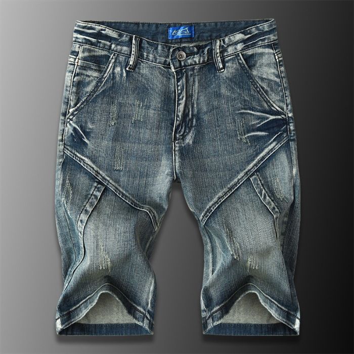 Men's Vintage Patchwork Denim Shorts - Summer Lightweight 5-Pocket Casual Cargo Design With Cat Whisker Wash, Mid-Thigh Length_mkmklike.com