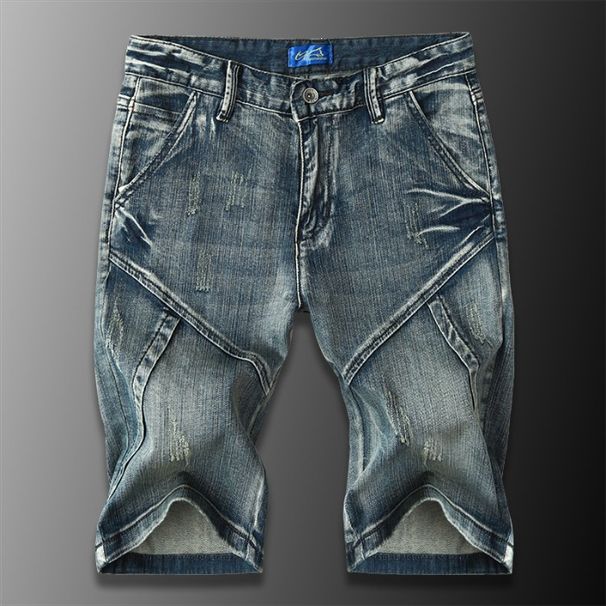 Men's Vintage Patchwork Denim Shorts - Summer Lightweight 5-Pocket Casual Cargo Design With Cat Whisker Wash, Mid-Thigh Length_mkmklike.com