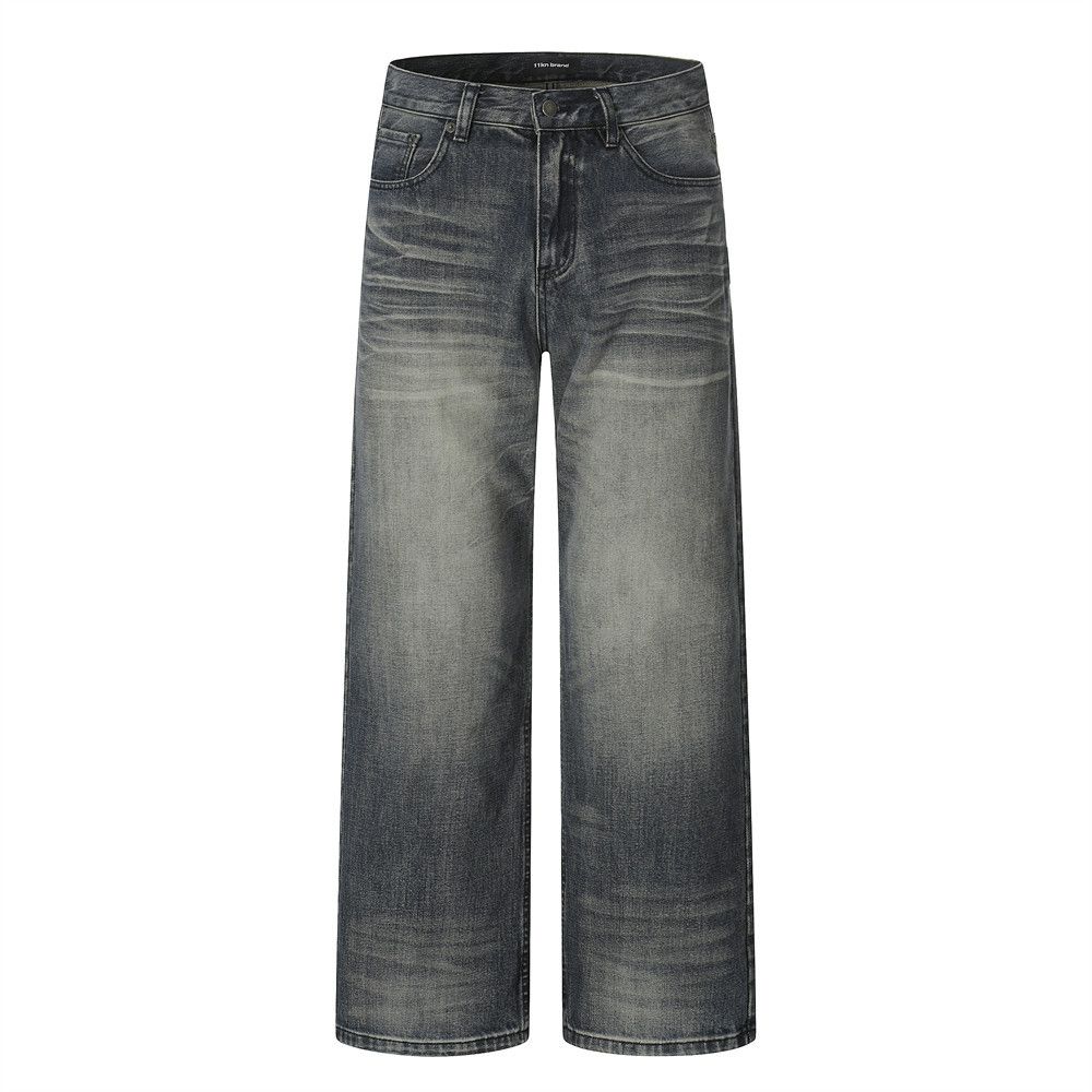 Water Ripple Vintage Straight-Leg Jeans Casual Men's Street Style Punk Washed Crease Wide-Leg Pants_mkmklike.com