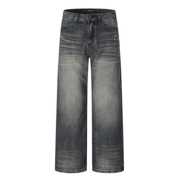 Water Ripple Vintage Straight-Leg Jeans Casual Men's Street Style Punk Washed Crease Wide-Leg Pants_mkmklike.com