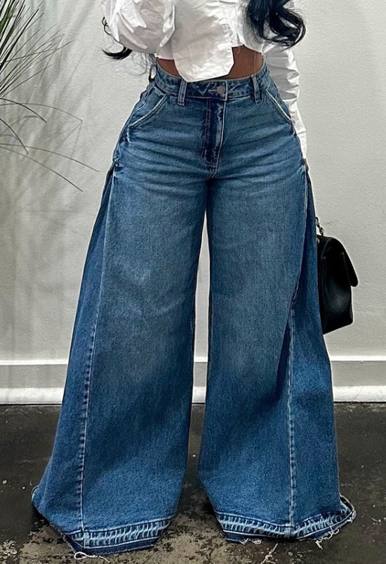 Women's Clothing Flared Jeans - High Waist Wide Leg Vintage Denim Pants With Solid Color (S-XL)_mkmklike.com