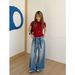 ICC Early Spring New Model Washed Faded Simple Women's Drawstring Loose Wide-leg Jeans 10250_mkmklike.com