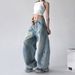Vintage Washed Light Blue Flared Jeans For Women - Retro American Hip Hop Street Style Wide Leg Trousers_mkmklike.com