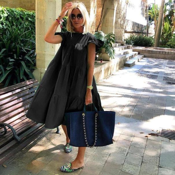 European and American style women's loose pleated short-sleeved dress women's solid color casual dress short skirt_mkmklike.com