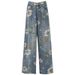 Printed Blue Denim Wide-leg 2024 Summer New Thin Straight-leg Long Retro Trousers Floor-length Pants Women's Clothing_mkmklike.com