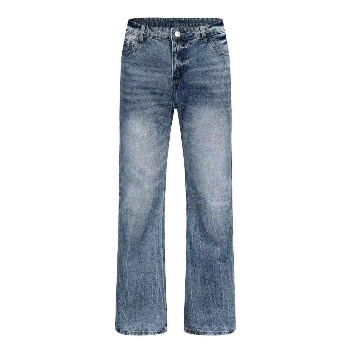 Lightning Ripple Ice Blue Denim Must Buy Heavy Washed Bamboo Straight Flared Jeans Men's Blue Spot_mkmklike.com