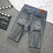Men's Distressed Slim Fit Jeans With Paint Splatter & Patchwork Detail - Vintage Blue Denim Pants For Casual Streetwear_mkmklike.com
