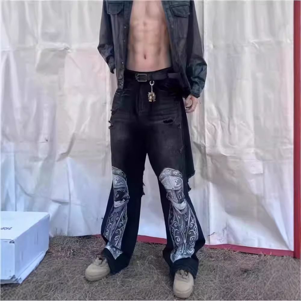 Men's Clothing Black Cool Knight Jeans Loose Straight High Street Hip Hop Pants Niche Design Wide Leg Pants_mkmklike.com