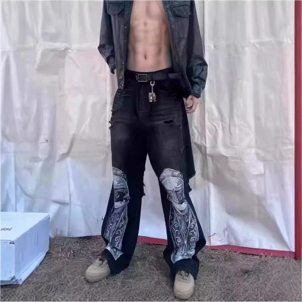 Men's Clothing Black Cool Knight Jeans Loose Straight High Street Hip Hop Pants Niche Design Wide Leg Pants_mkmklike.com