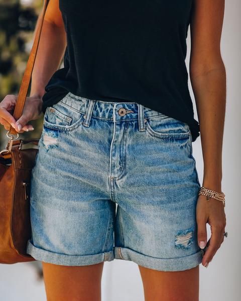 Women's Clothing High-Waisted Denim Shorts – Distressed Rolled Hem & Straight Leg | S-XXL_mkmklike.com