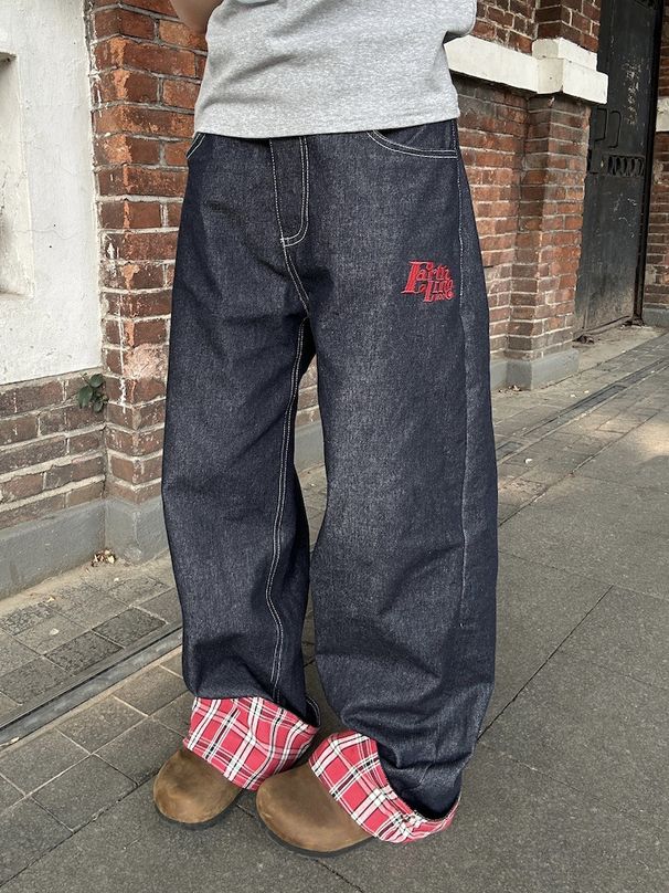 Harajuku Y2K Streetwear Trousers American Retro Plaid Splicing Curly Baggy Jeans Men Women Chic Casual Straight Wide-leg Pants Men_mkmklike.com