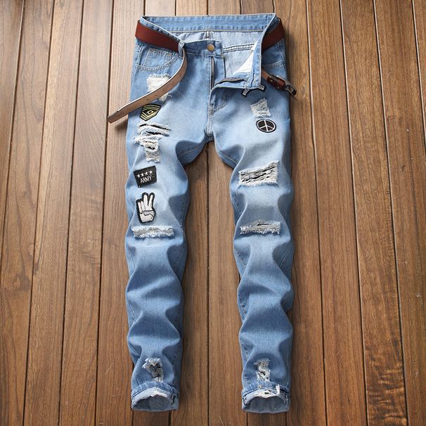 Men's Clothing Slim Fit Ripped Knee Trendy Elastic Leg Opening Zipper Fashionable Men's Jeans_mkmklike.com