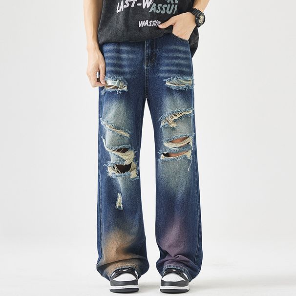 Men's Clothing High Street Retro Tie Dyed Ripped Beggar Pants Men's Handsome Washed Loose Straight Jeans_mkmklike.com
