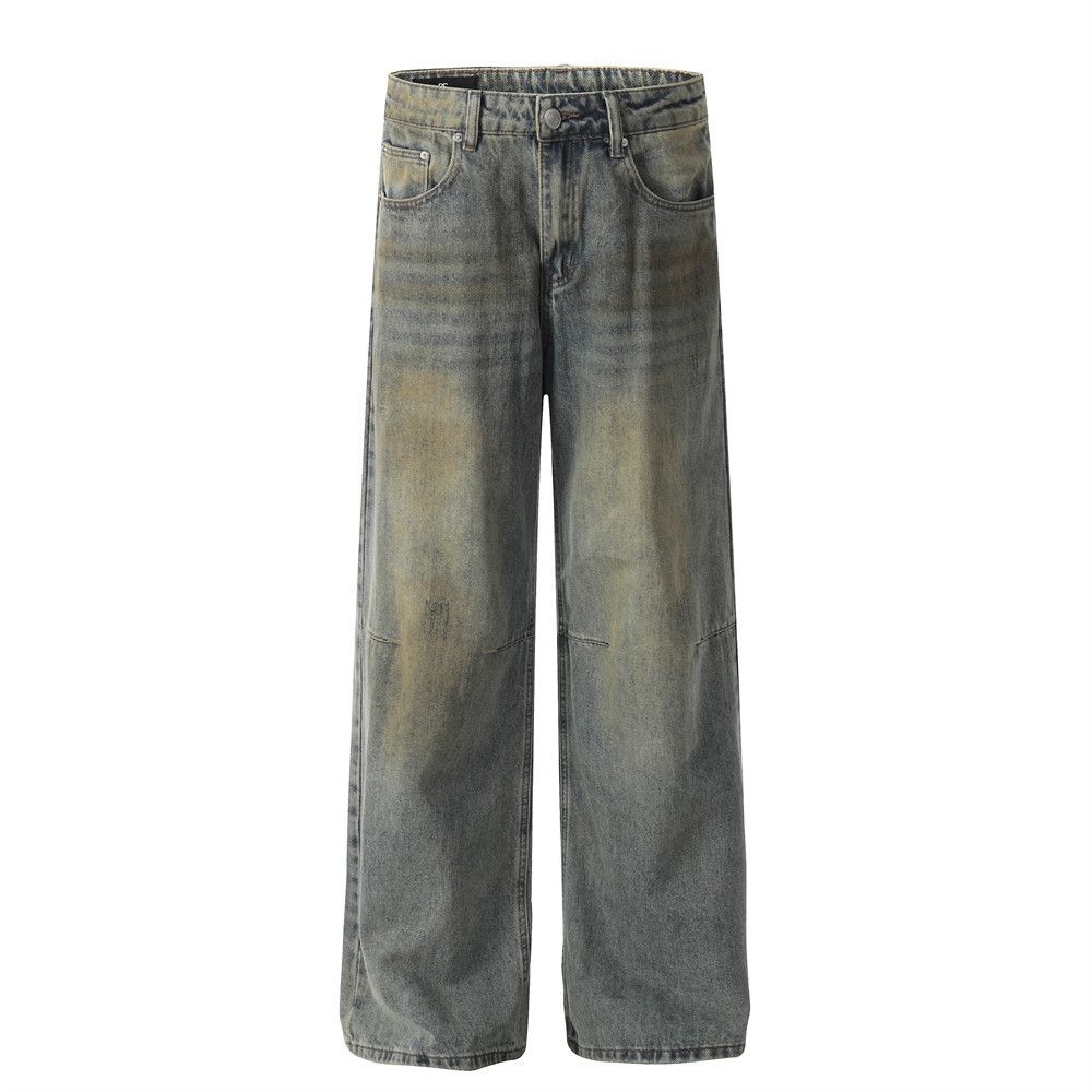 Dirty Dyed Jeans For Men Street Style Loose Faded Vintage Casual Wide-Leg Straight Pants Floor-Length Trousers_mkmklike.com