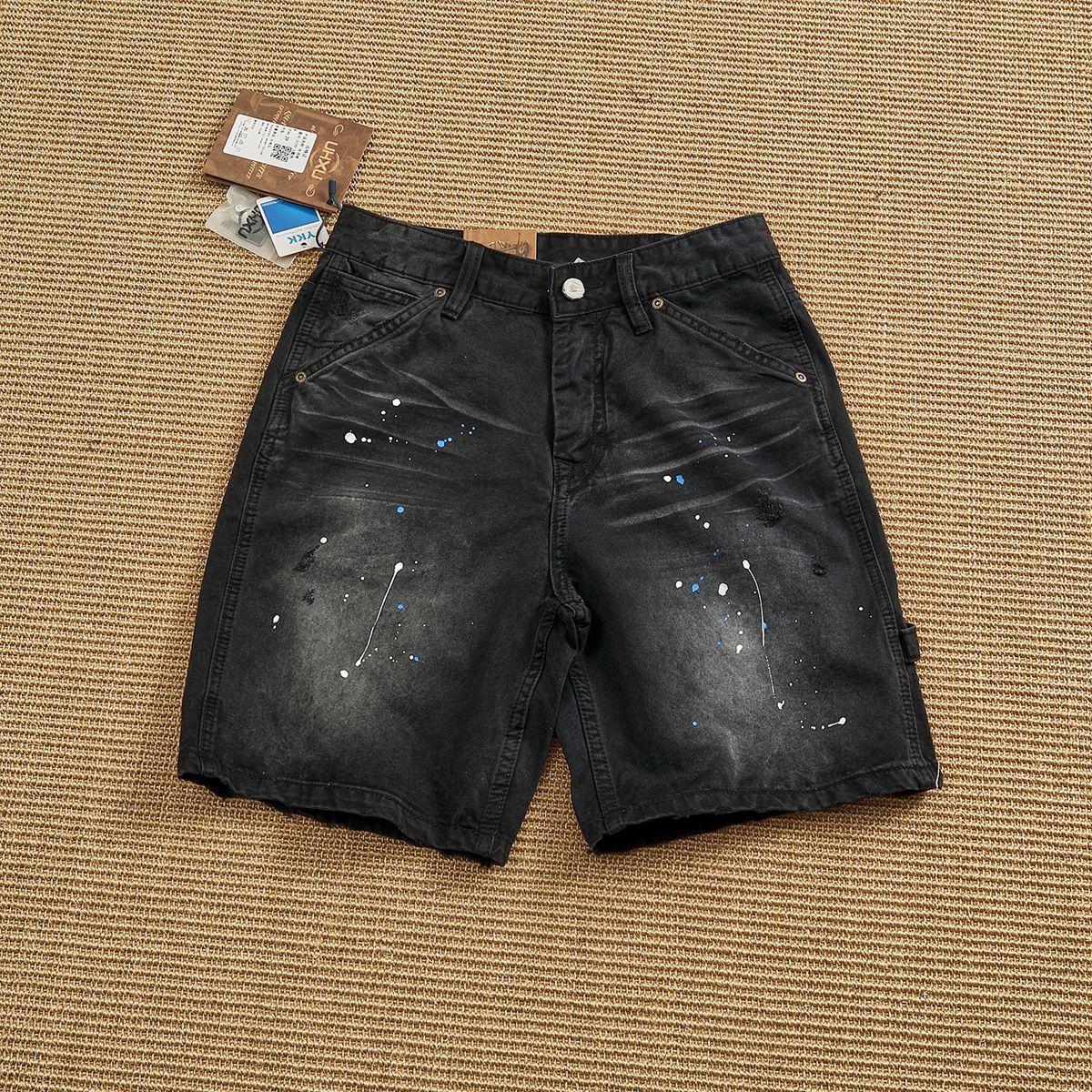 Vintage Distressed Workwear Shorts - Faded Paint Splatter & Raw Hem Cargo Pants For Men, American Lumberjack Style_mkmklike.com