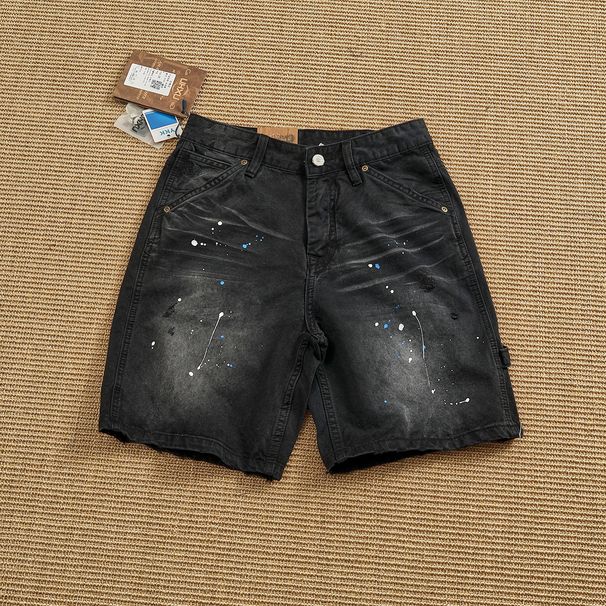 Vintage Distressed Workwear Shorts - Faded Paint Splatter & Raw Hem Cargo Pants For Men, American Lumberjack Style_mkmklike.com