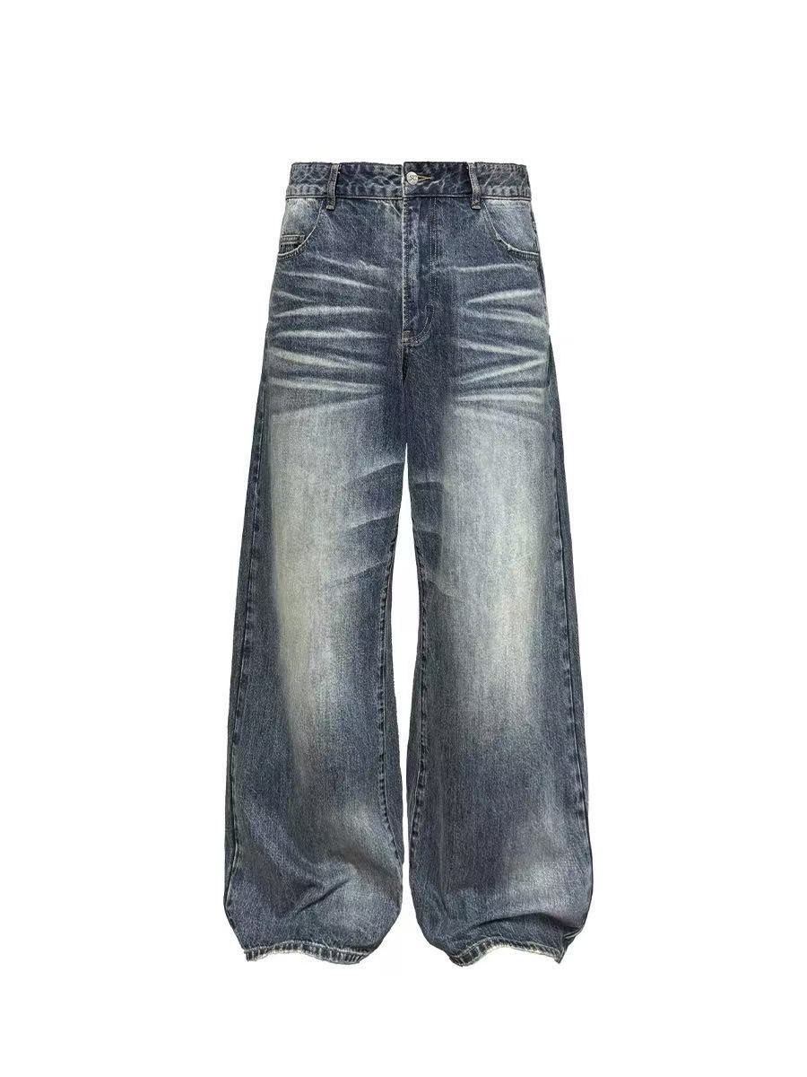 Vintage Washed Wide Leg Jeans - Unisex High Waist Denim Pants With 3D Whiskering, Retro Loose Fit, Straight Leg Comfort_mkmklike.com