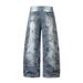 Post-apocalyptic Stained Wide-Leg Jeans For Men, Trendy Washed Vintage Style With Messy Stitching, Embroidery Patches,_mkmklike.com