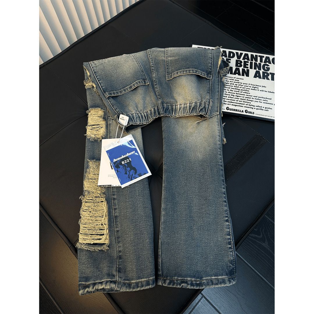 Men's Ripped Straight Leg Jeans High Street Style Slightly Flared Distressed Washed Loose Fit Cool Trendy Street Style Trousers_mkmklike.com