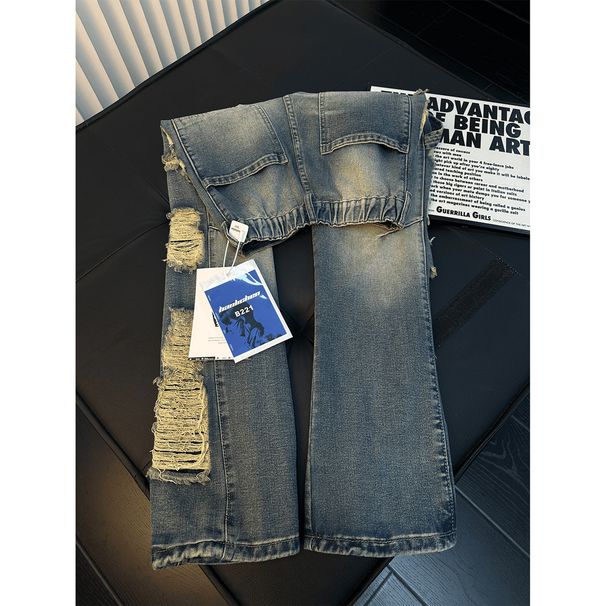 Men's Ripped Straight Leg Jeans High Street Style Slightly Flared Distressed Washed Loose Fit Cool Trendy Street Style Trousers_mkmklike.com