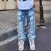 Men's Clothing Corroded Split Patch Jeans Men's High Street Loose Straight Beggar Trousers_mkmklike.com